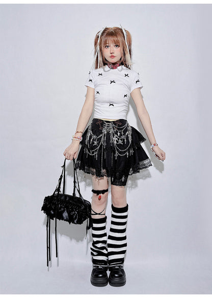 Punk Chain Cross Lace Layered Mini Skirt