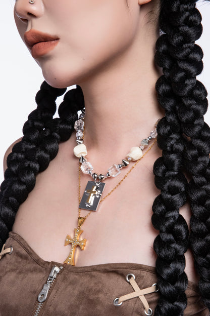 Punk Skull Cross Charm Beaded Necklace