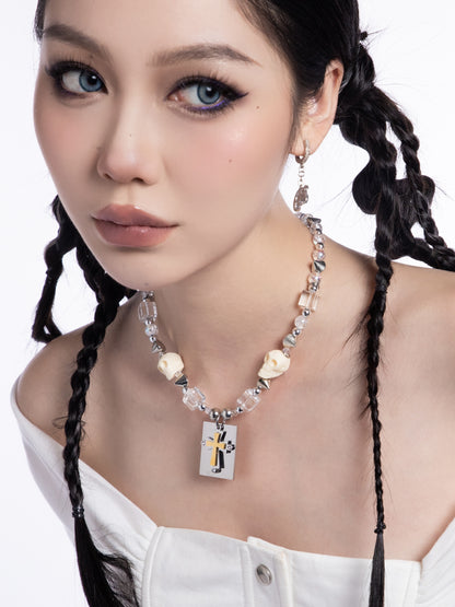 Punk Skull Cross Charm Beaded Necklace