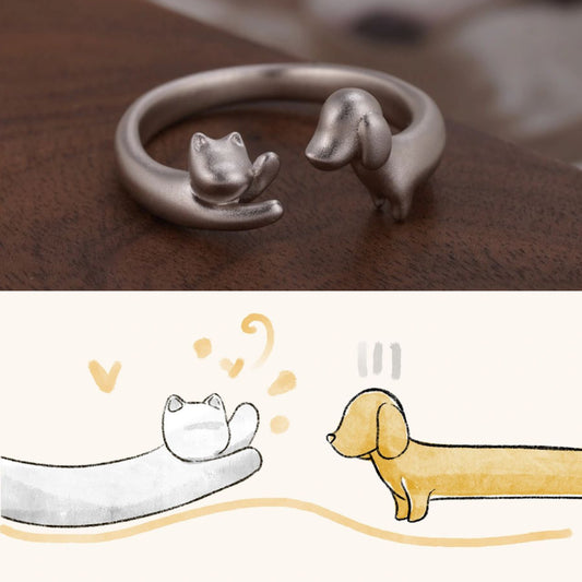 Puppy Kitten Love Silver Open-end Ring