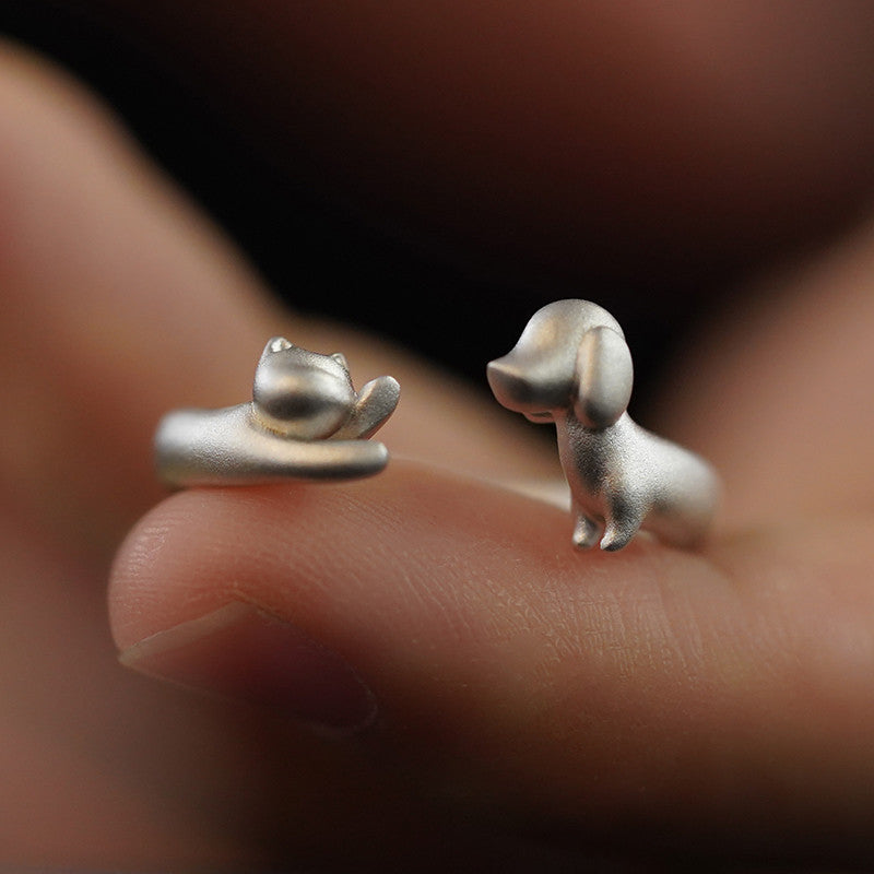 Puppy Kitten Love Silver Open-end Ring