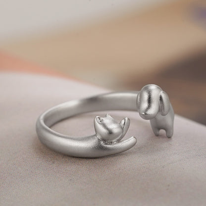Puppy Kitten Love Silver Open-end Ring