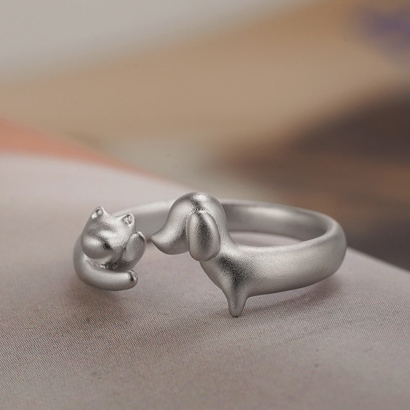 Puppy Kitten Love Silver Open-end Ring