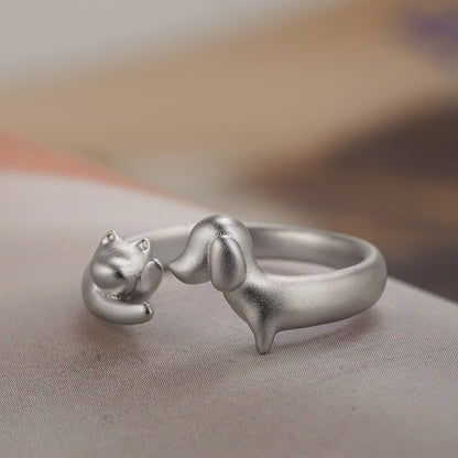 Puppy Kitten Love Silver Open-end Ring