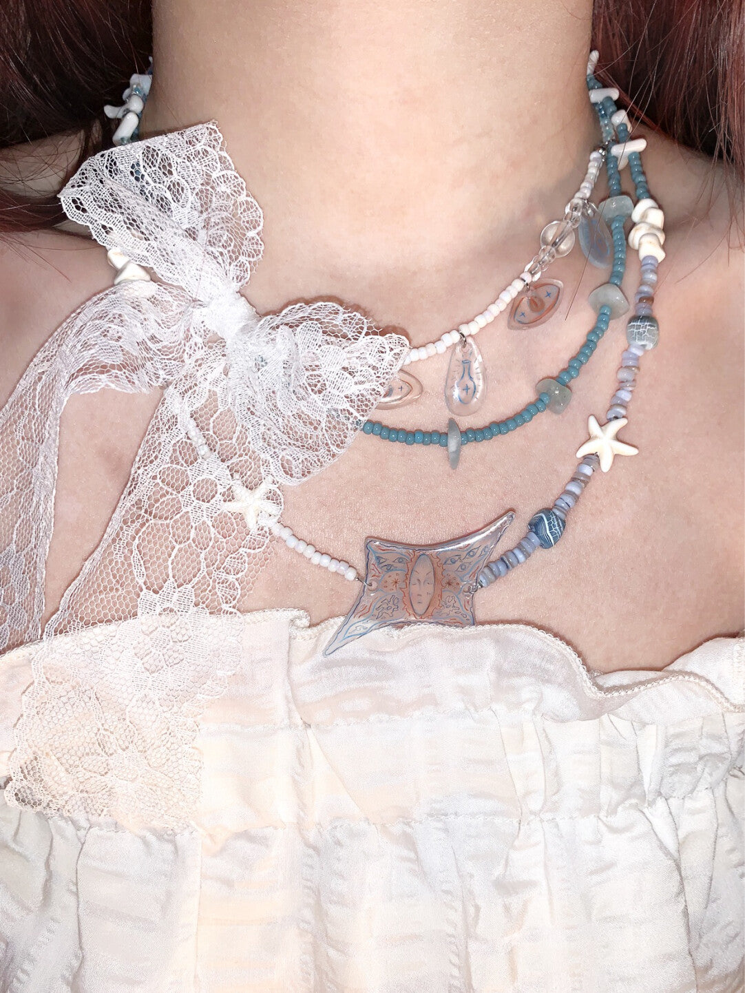 Pure Lace Bow Beaded Tassel Choker