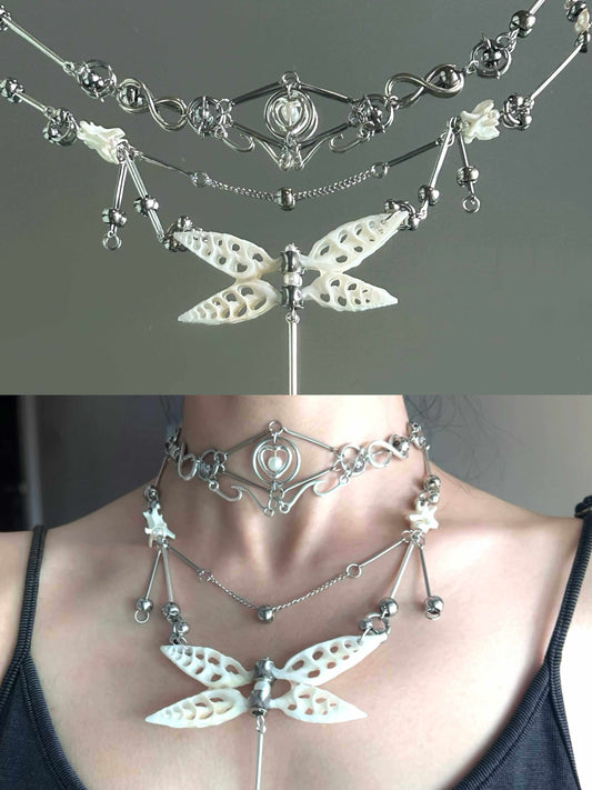 Pure White Shell Dragonfly Skeleton Layered Necklace | Necklace | Three Fleas