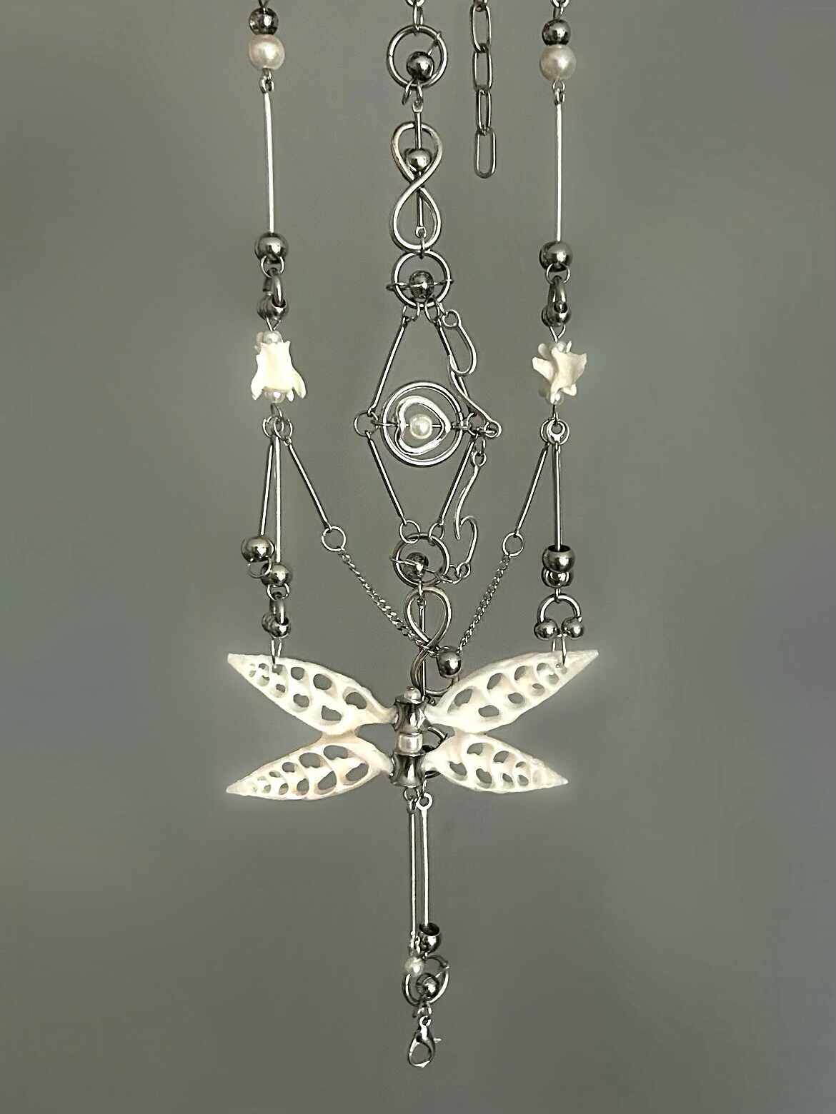 Pure White Shell Dragonfly Skeleton Layered Necklace | Necklace | Three Fleas