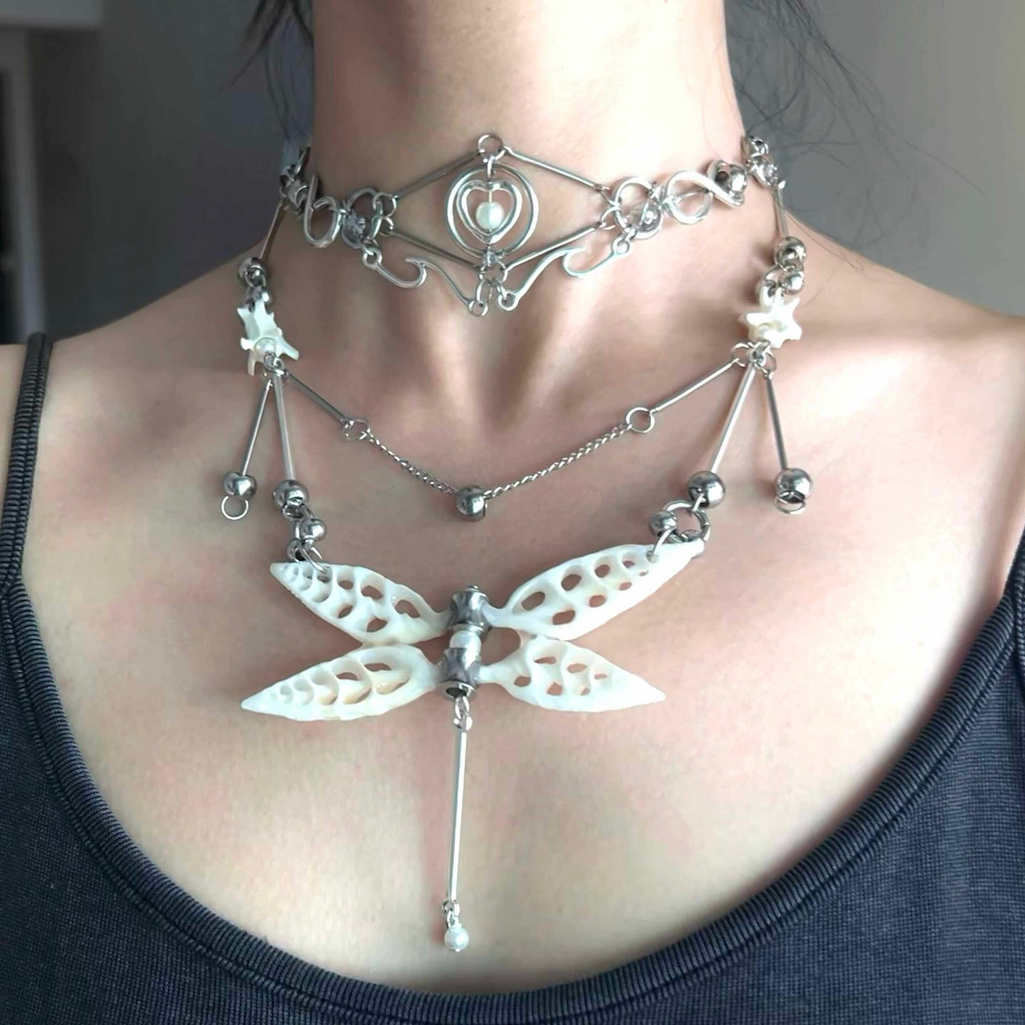 Pure White Shell Dragonfly Skeleton Layered Necklace | Necklace | Three Fleas