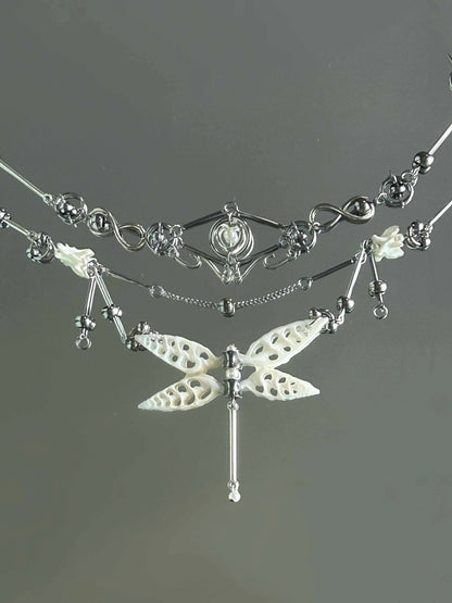 Pure White Shell Dragonfly Skeleton Layered Necklace | Necklace | Three Fleas