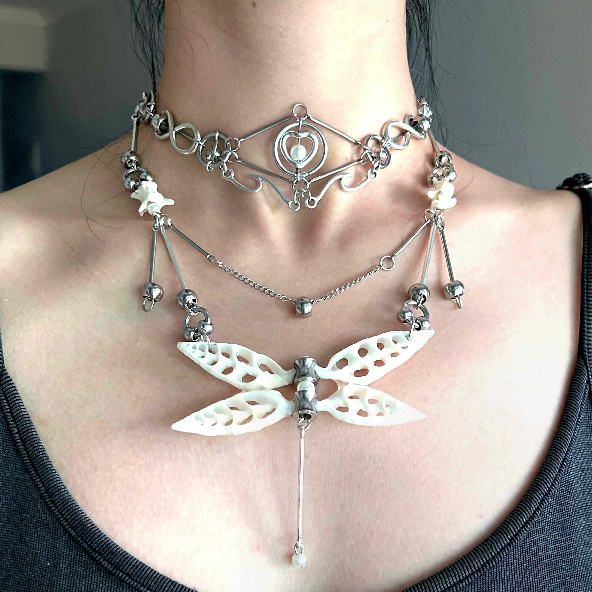 Pure White Shell Dragonfly Skeleton Layered Necklace | Necklace | Three Fleas