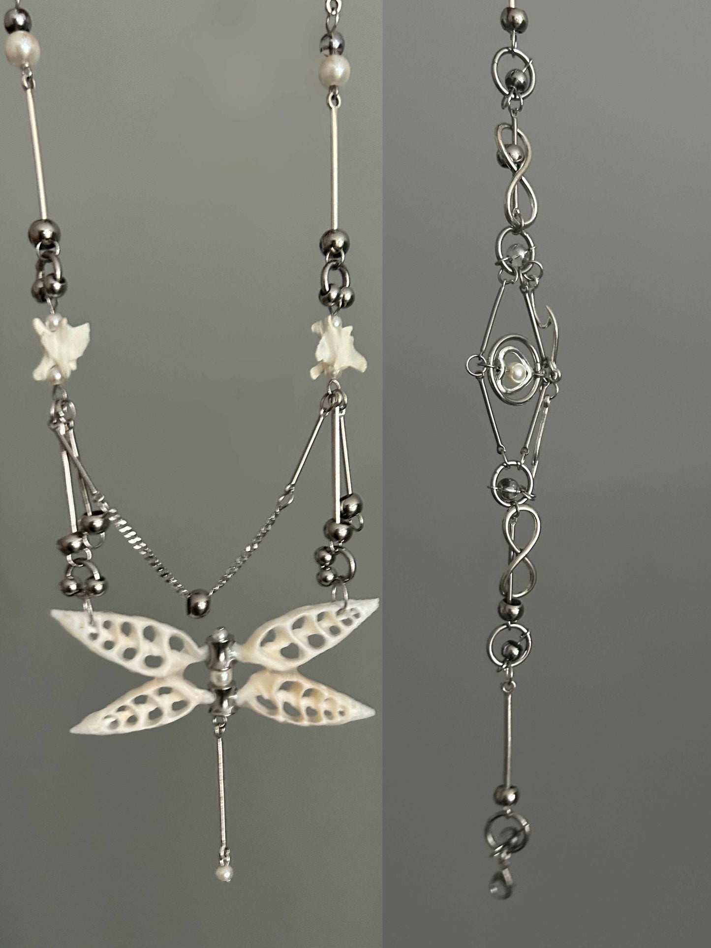 Pure White Shell Dragonfly Skeleton Layered Necklace | Necklace | Three Fleas