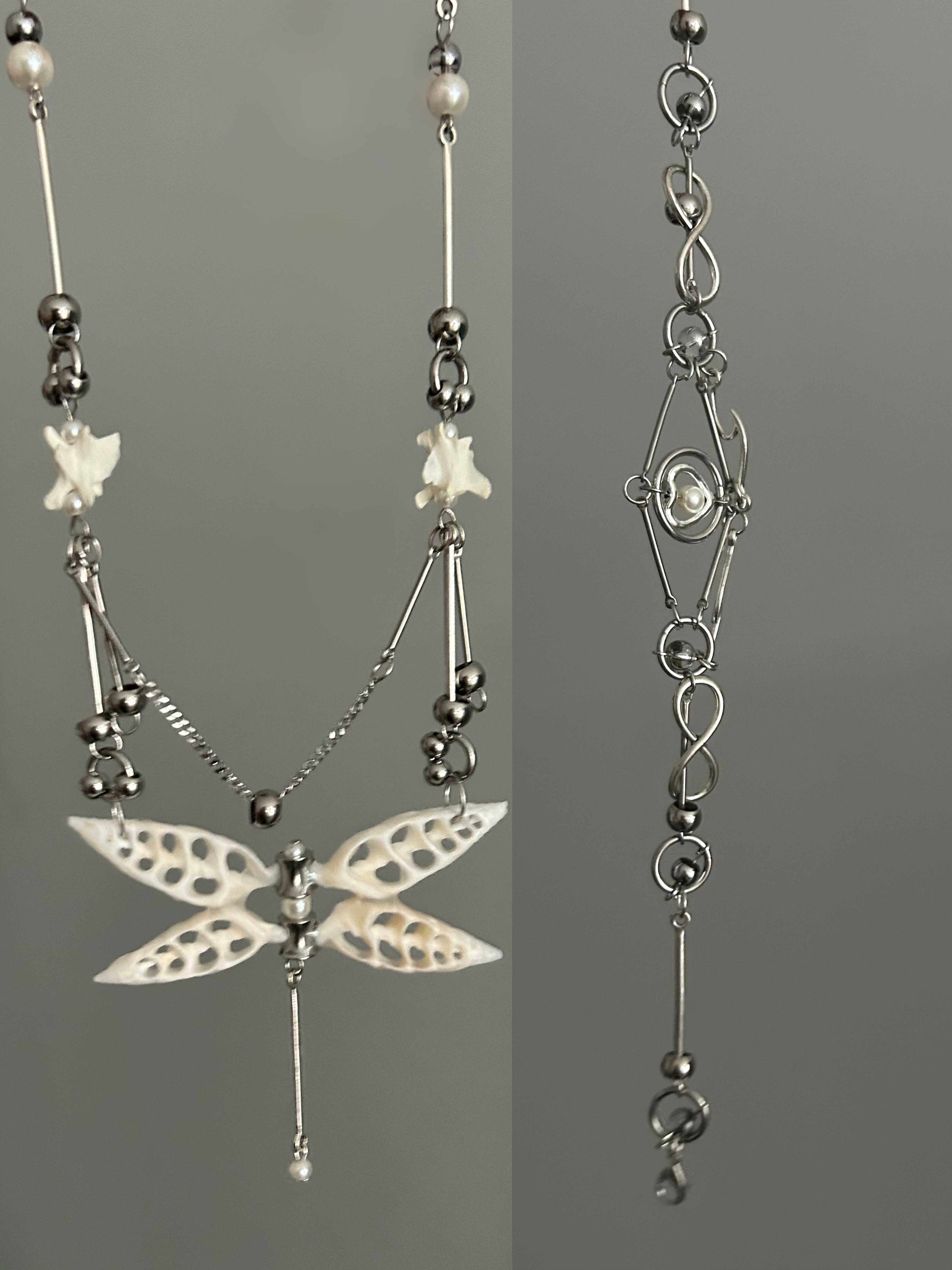 Pure White Shell Dragonfly Skeleton Layered Necklace | Necklace | Three Fleas