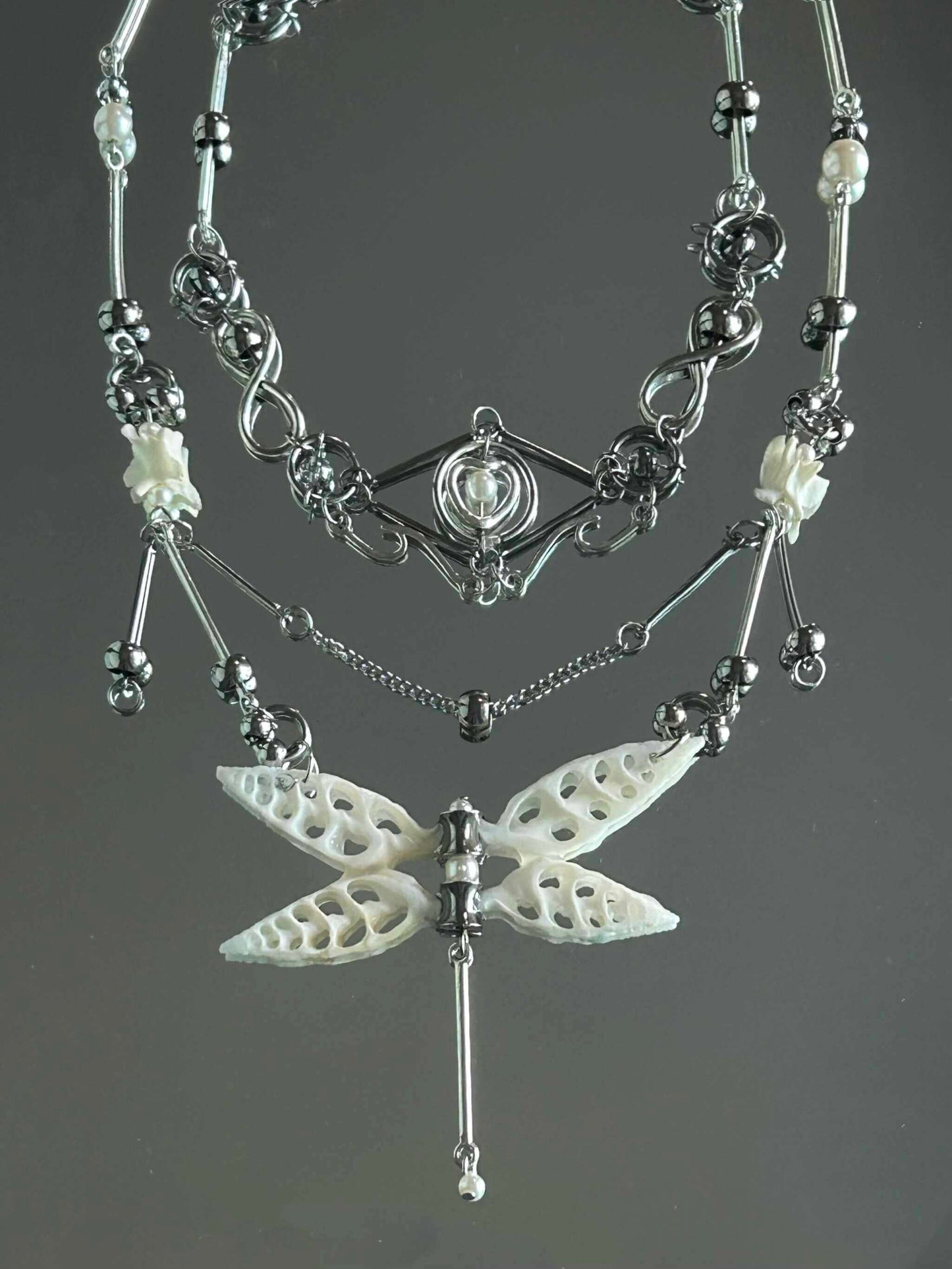 Pure White Shell Dragonfly Skeleton Layered Necklace | Necklace | Three Fleas