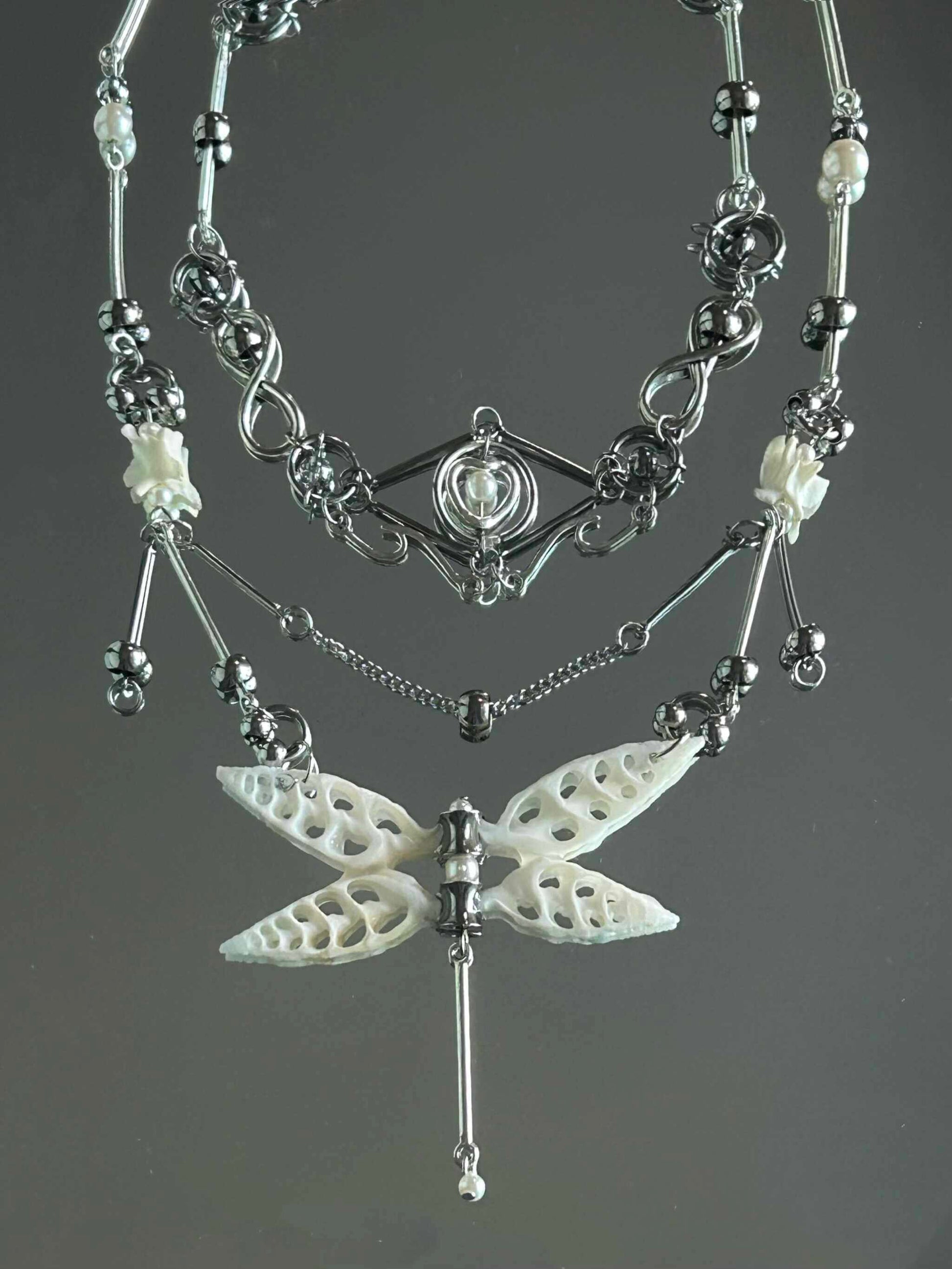 Pure White Shell Dragonfly Skeleton Layered Necklace | Necklace | Three Fleas