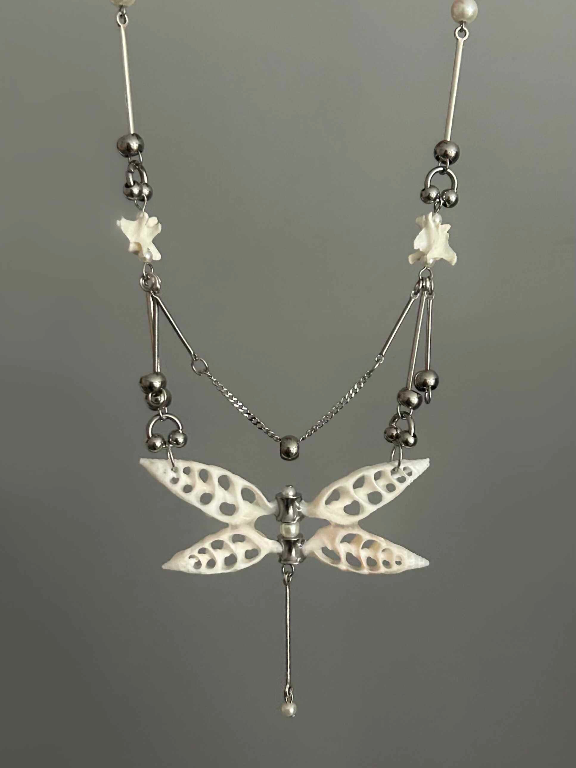 Pure White Shell Dragonfly Skeleton Layered Necklace | Necklace | Three Fleas