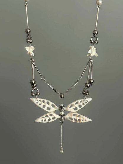 Pure White Shell Dragonfly Skeleton Layered Necklace | Necklace | Three Fleas