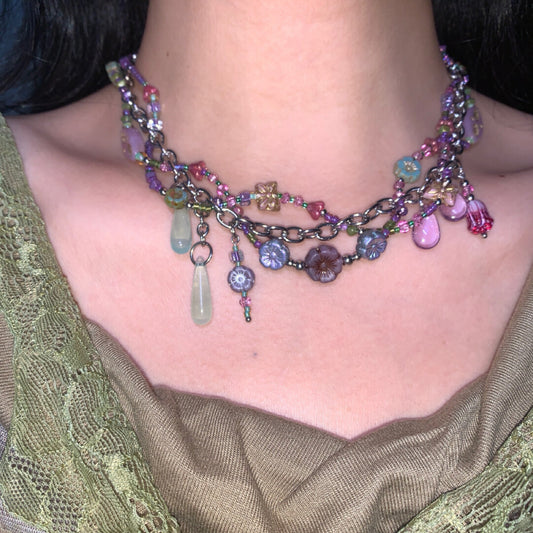 Purple Beaded Vine Flower Layered Necklace
