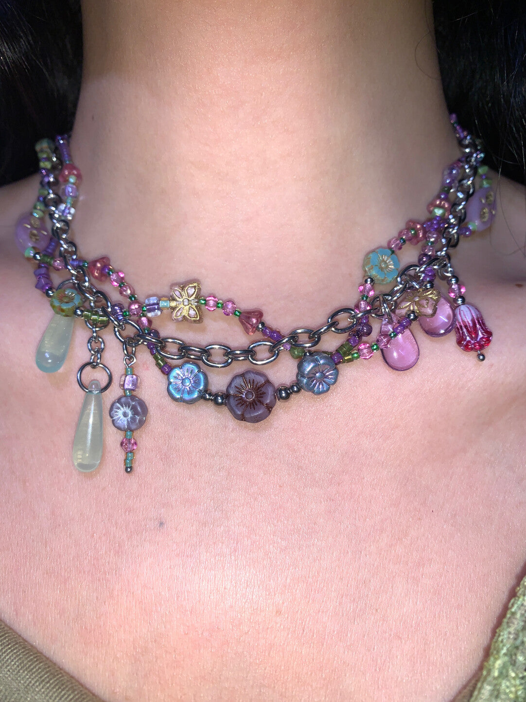 Purple Beaded Vine Flower Layered Necklace