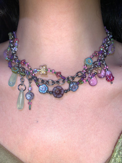 Purple Beaded Vine Flower Layered Necklace