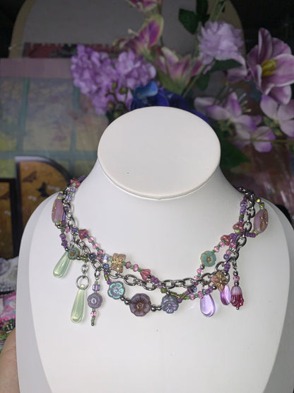 Purple Beaded Vine Flower Layered Necklace