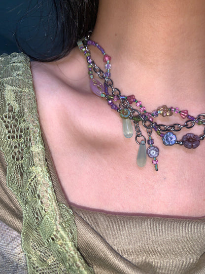 Purple Beaded Vine Flower Layered Necklace