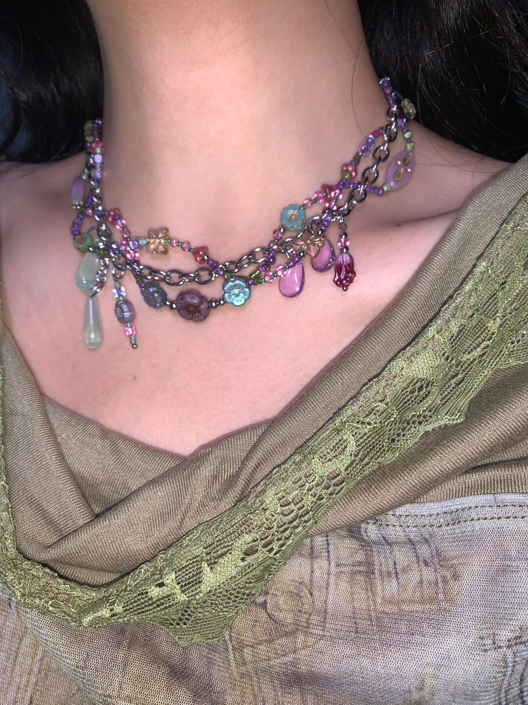 Purple Beaded Vine Flower Layered Necklace