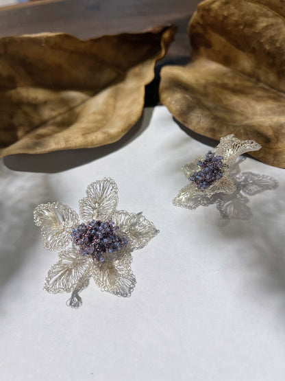 Purple Beads Metal Woven Flower Earrings