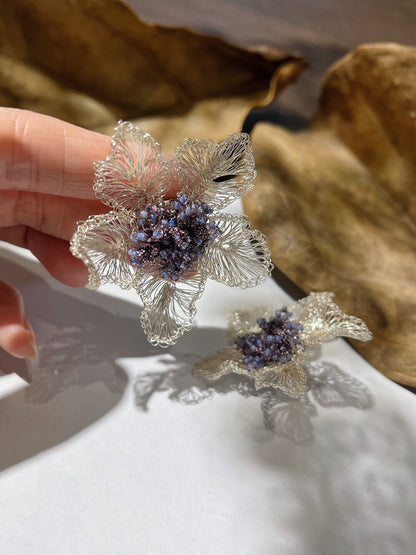 Purple Beads Metal Woven Flower Earrings