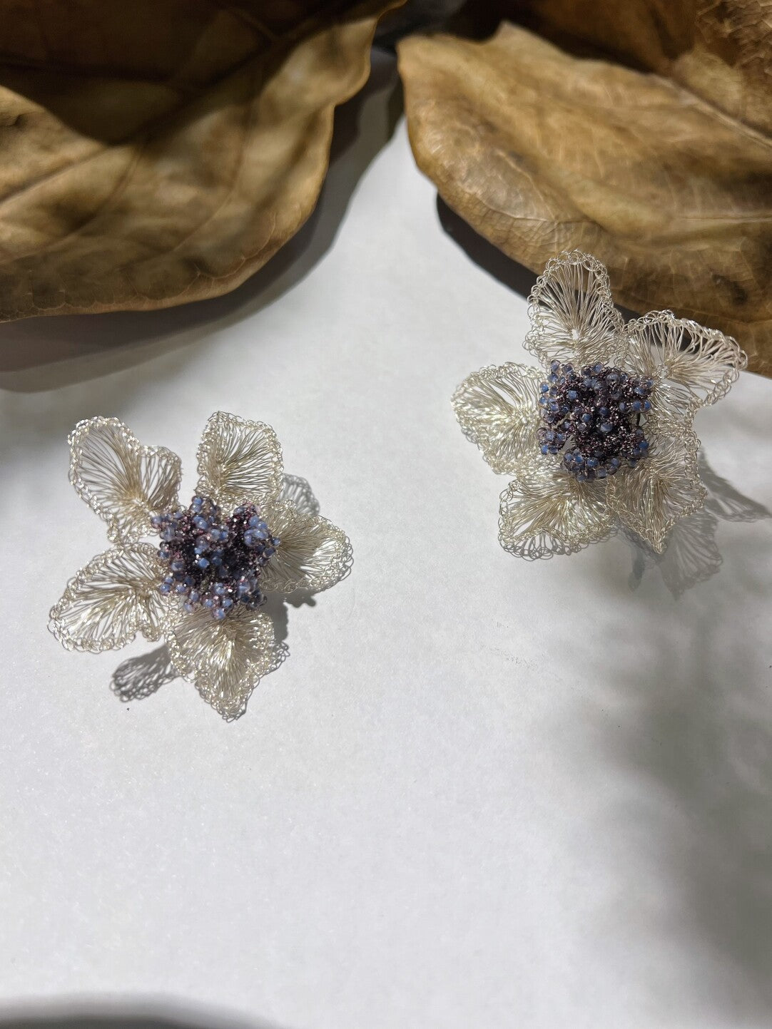 Purple Beads Metal Woven Flower Earrings