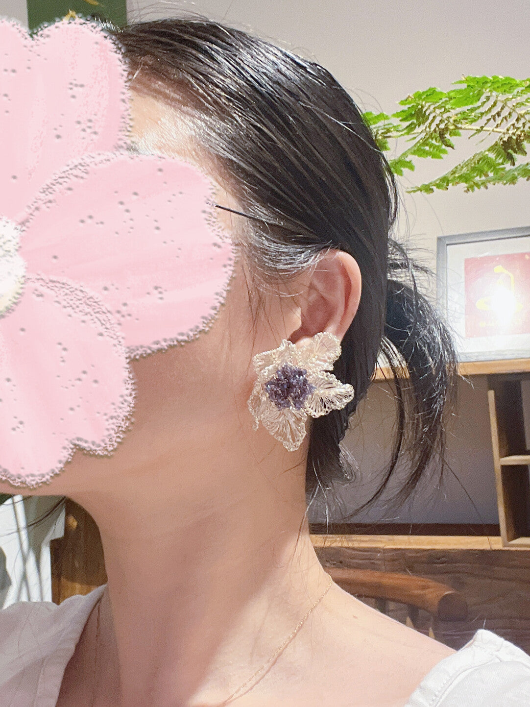 Purple Beads Metal Woven Flower Earrings