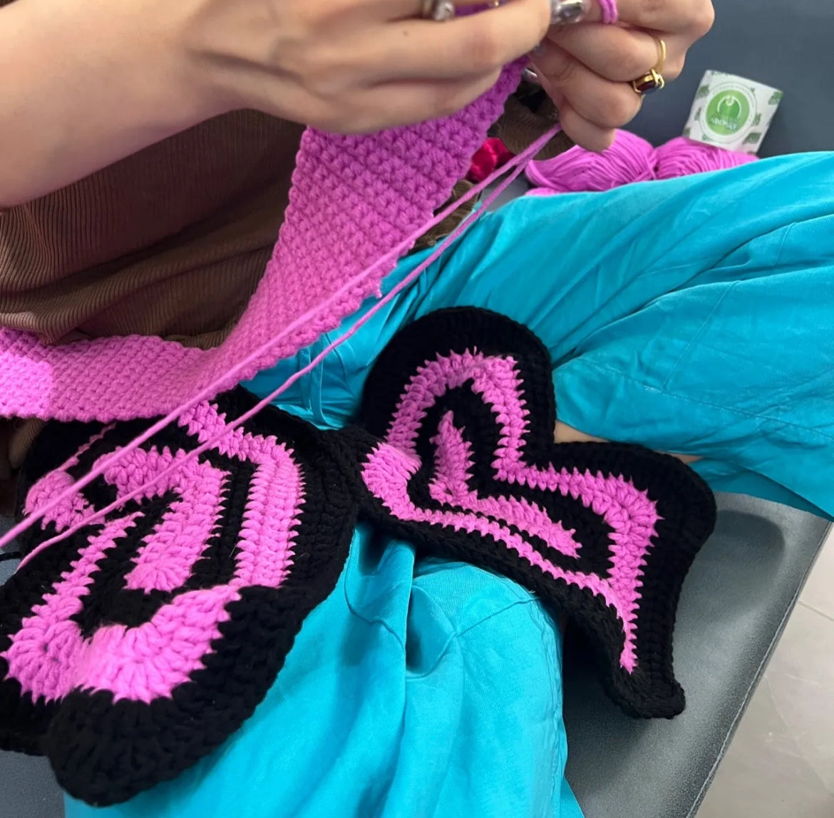 Purple Black Butterfly Crochet Shoulder Bag