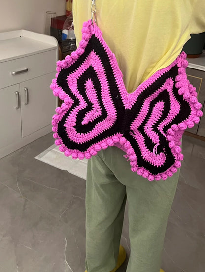 Purple Black Butterfly Crochet Shoulder Bag
