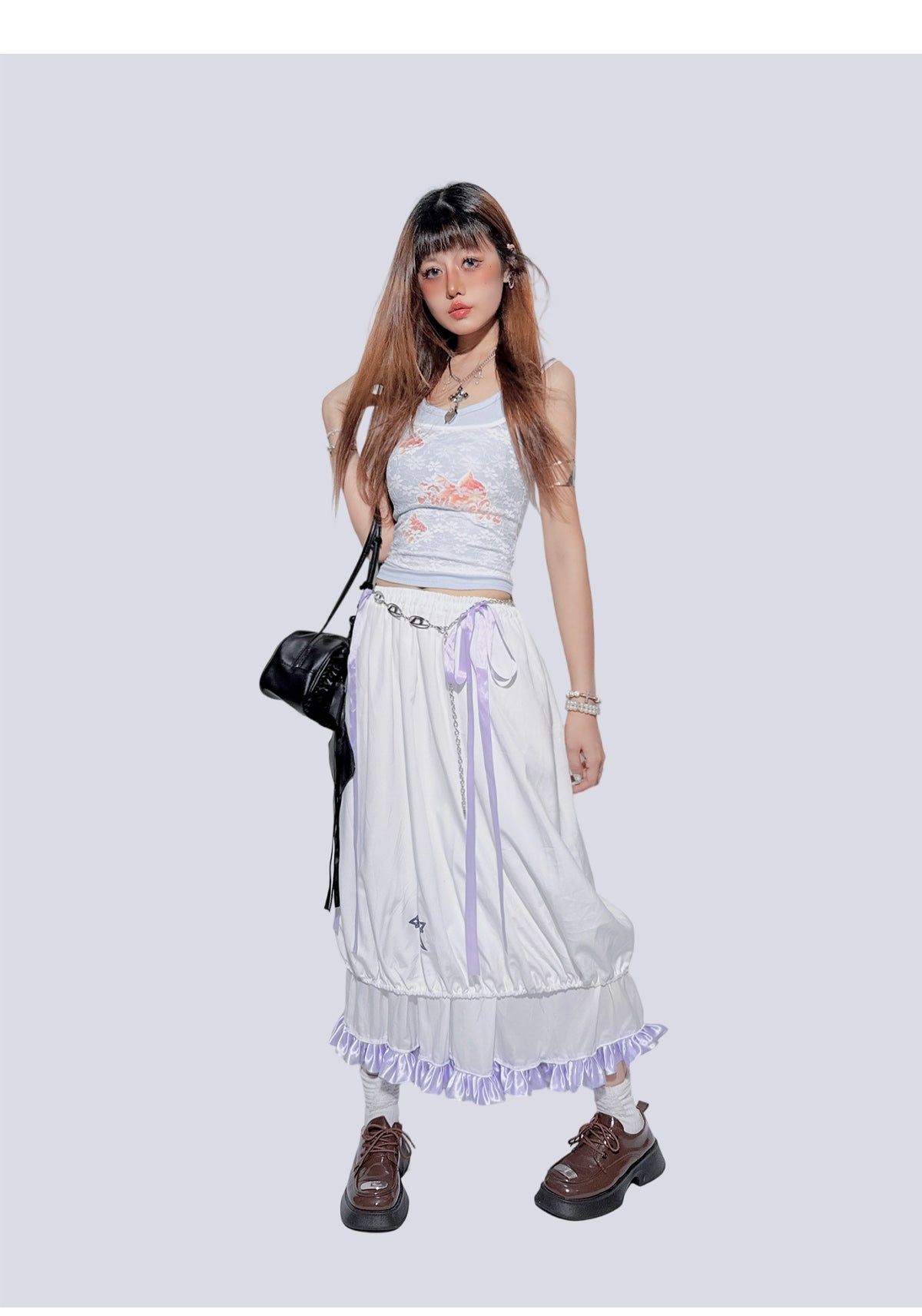 Purple Bow Ruffled Double-Layer Skirt