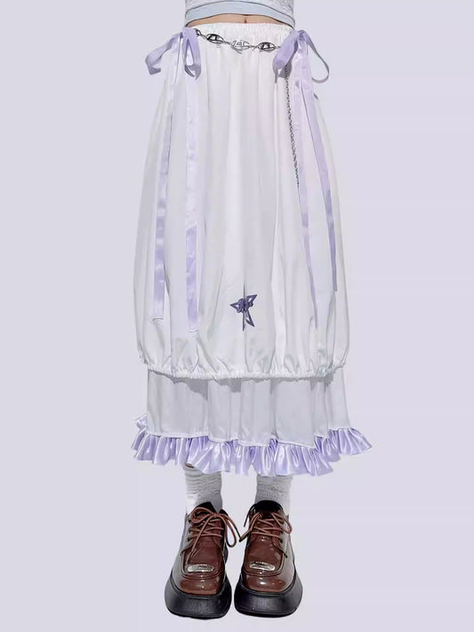 Purple Bow Ruffled Double-Layer Skirt