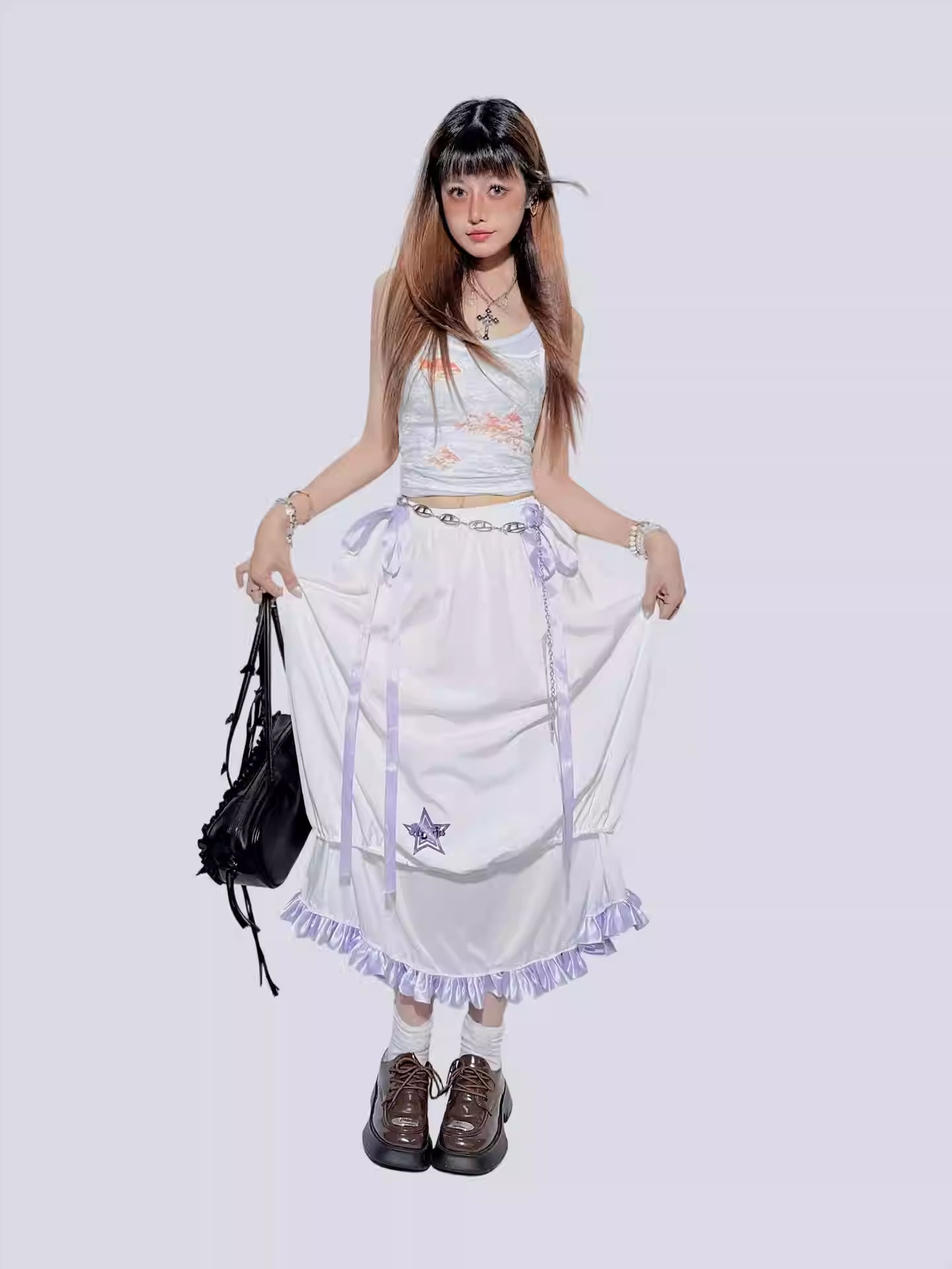 Purple Bow Ruffled Double-Layer Skirt