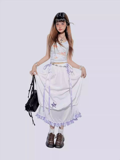 Purple Bow Ruffled Double-Layer Skirt