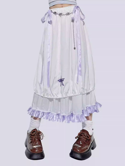 Purple Bow Ruffled Double-Layer Skirt