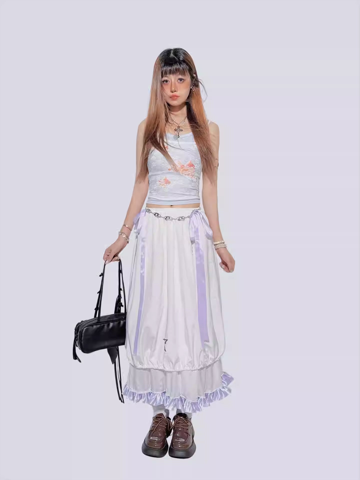 Purple Bow Ruffled Double-Layer Skirt