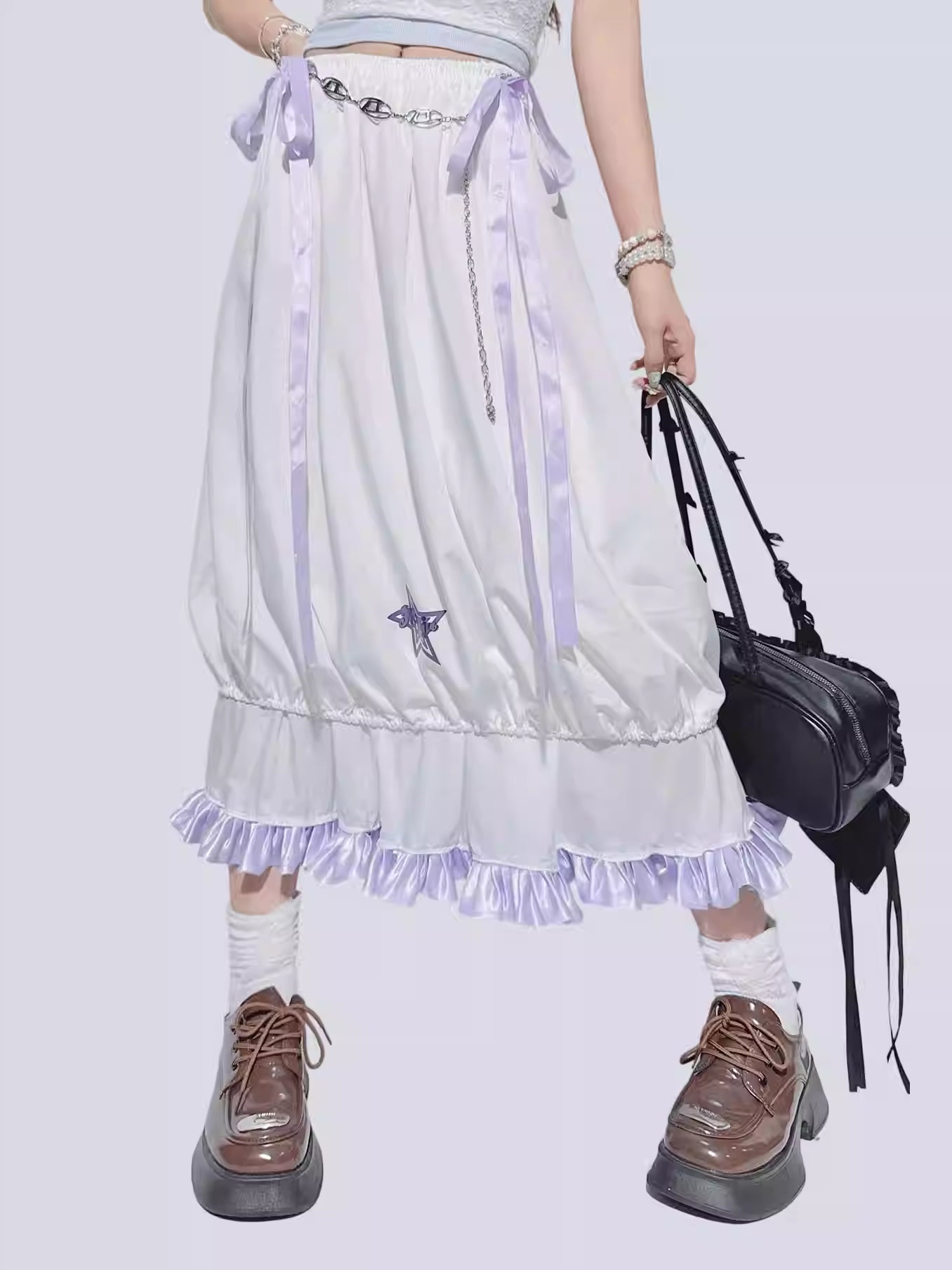 Purple Bow Ruffled Double-Layer Skirt