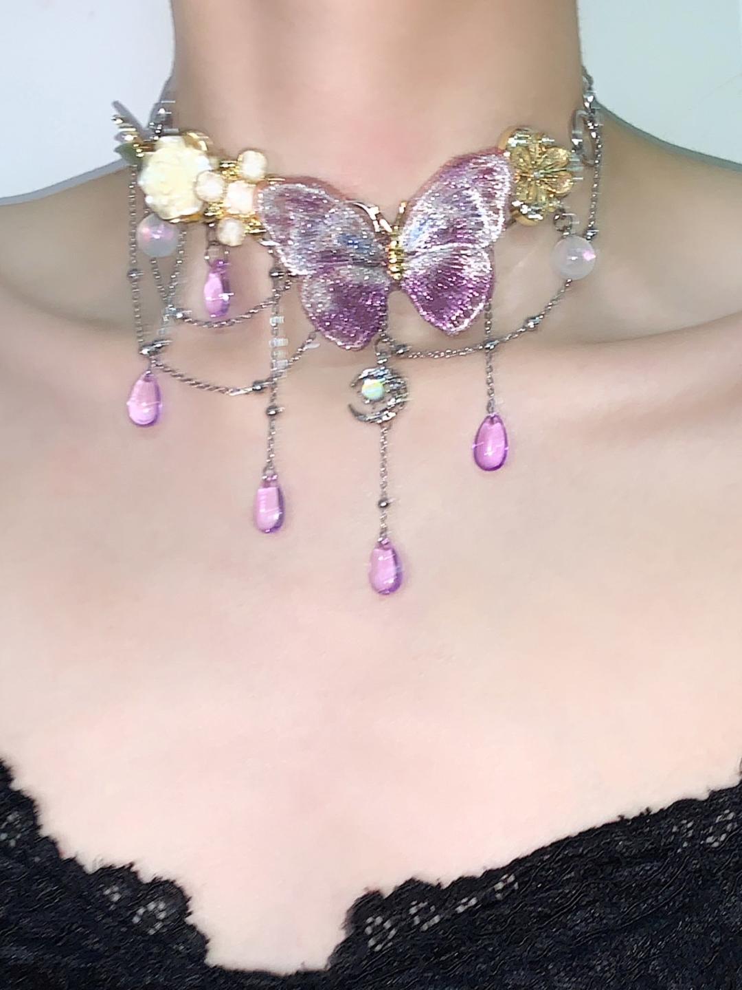 Purple Butterfly Flower Tassel Choker
