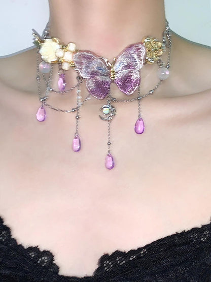 Purple Butterfly Flower Tassel Choker