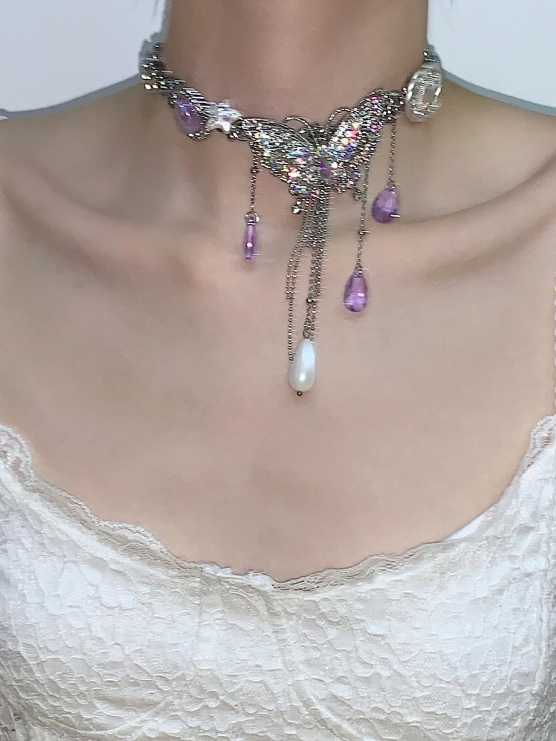 Purple Butterfly Flower Tassel Choker