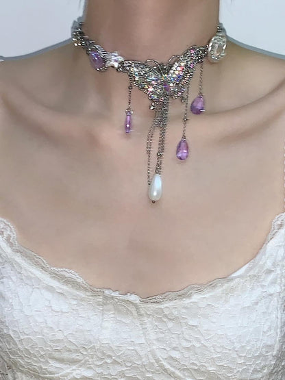 Purple Butterfly Flower Tassel Choker