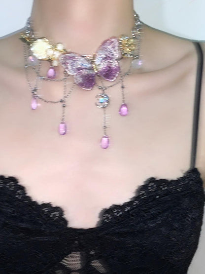 Purple Butterfly Flower Tassel Choker