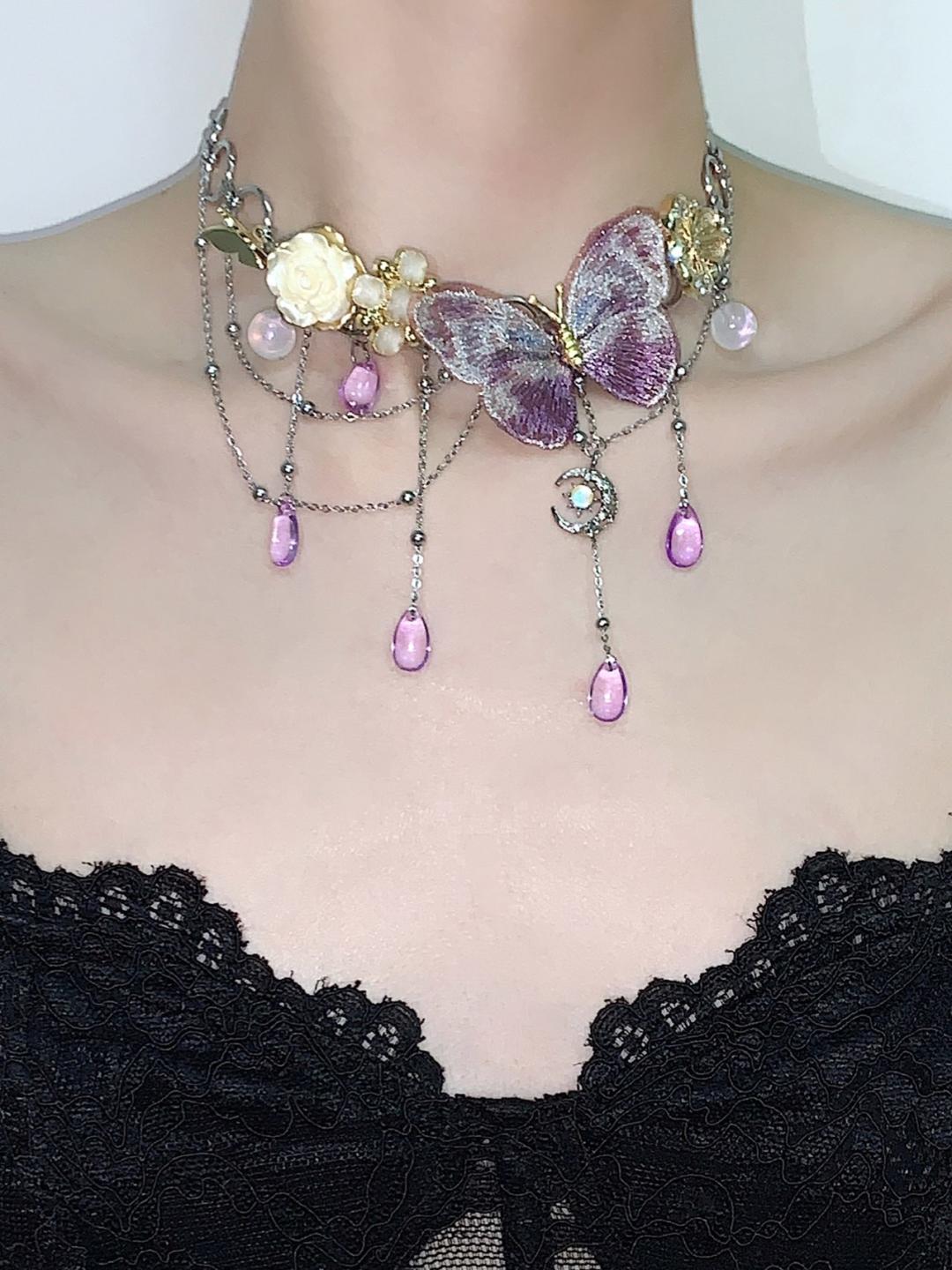 Purple Butterfly Flower Tassel Choker