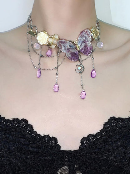 Purple Butterfly Flower Tassel Choker