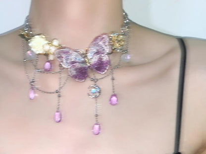 Purple Butterfly Flower Tassel Choker