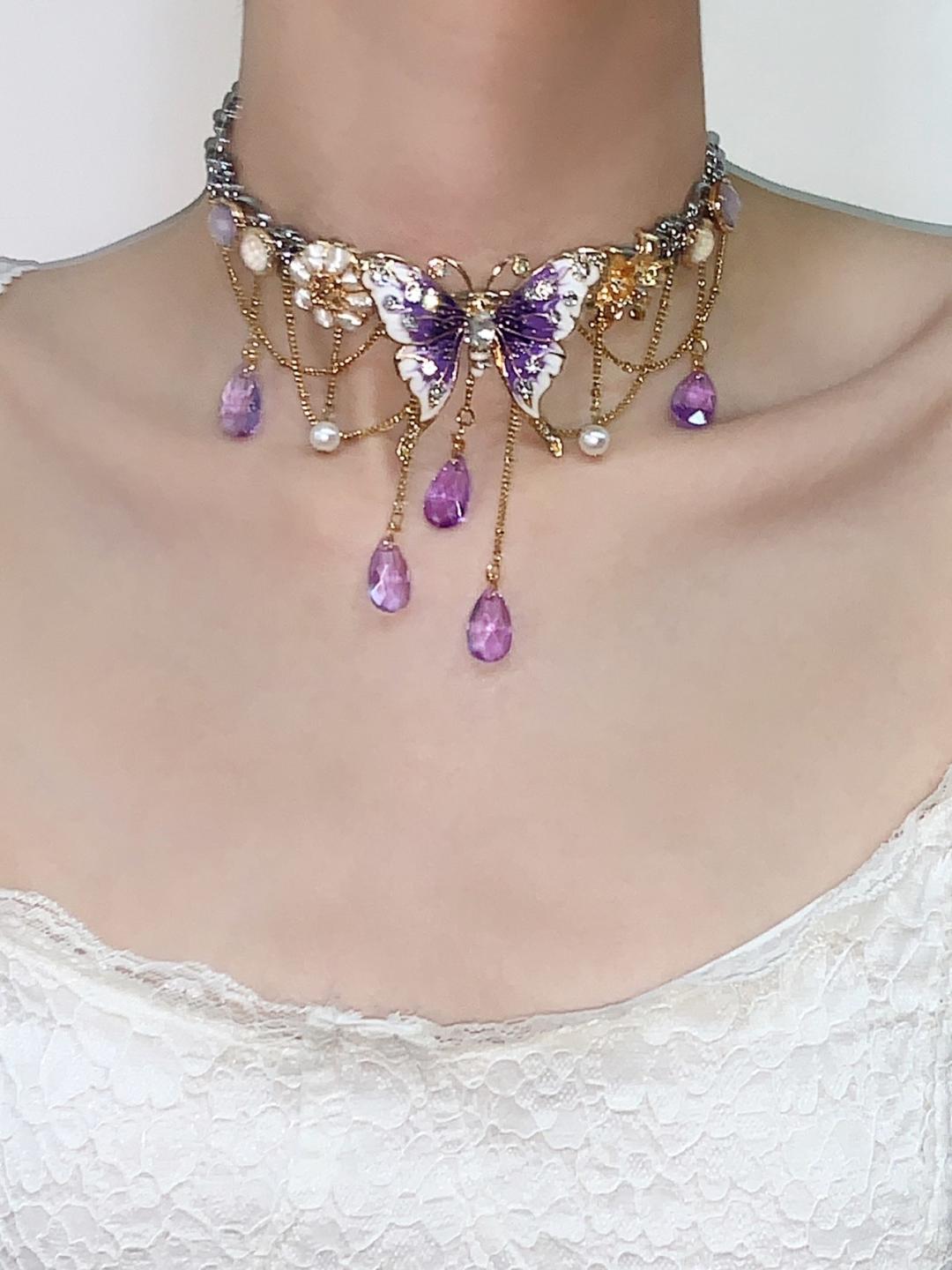 Purple Butterfly Flower Tassel Choker