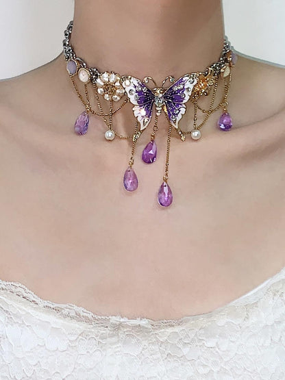 Purple Butterfly Flower Tassel Choker