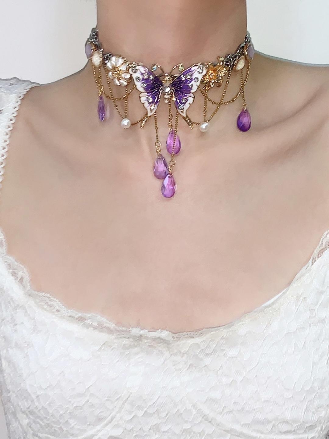 Purple Butterfly Flower Tassel Choker